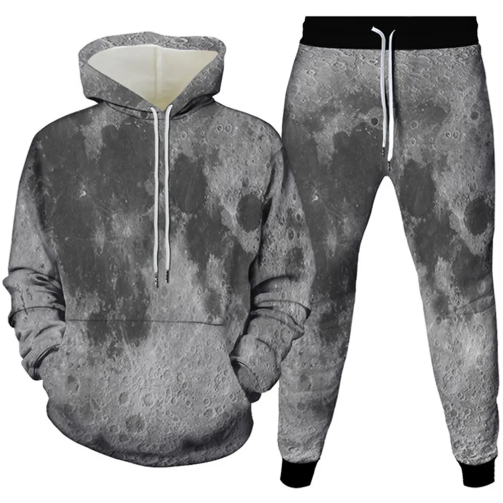 Men Sets Hoodie+Pants Autumn Spring Hooded Sweatshirt Sweatpants 2Pcs Women 3D Print Lunar Surface  Gray Black Art Color Clothes