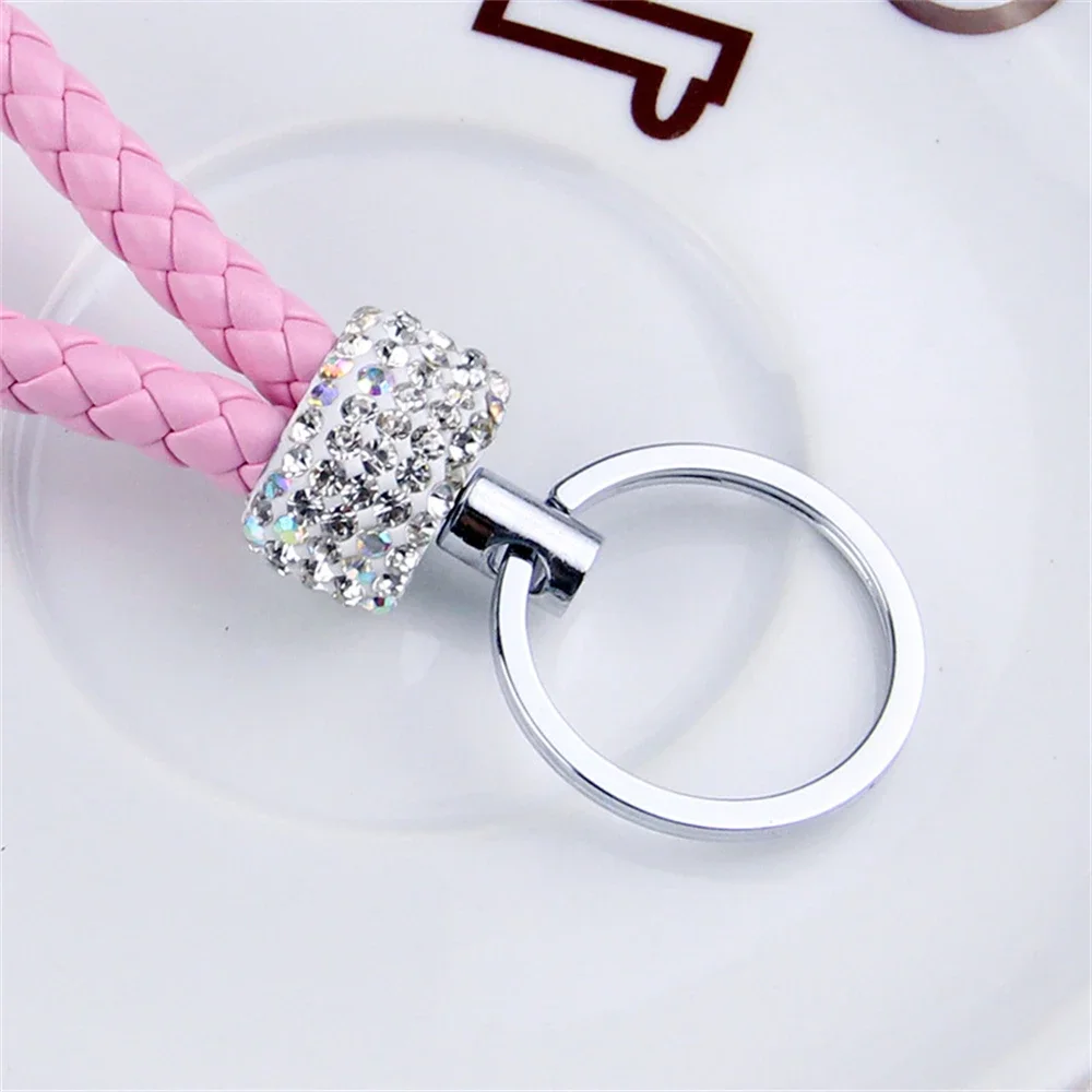 Handmade PU Leather Rope Keychains Sparkling Crystal Key Chains For Women Men Girl Key Holder Car Bag Accessories Gift Keyring