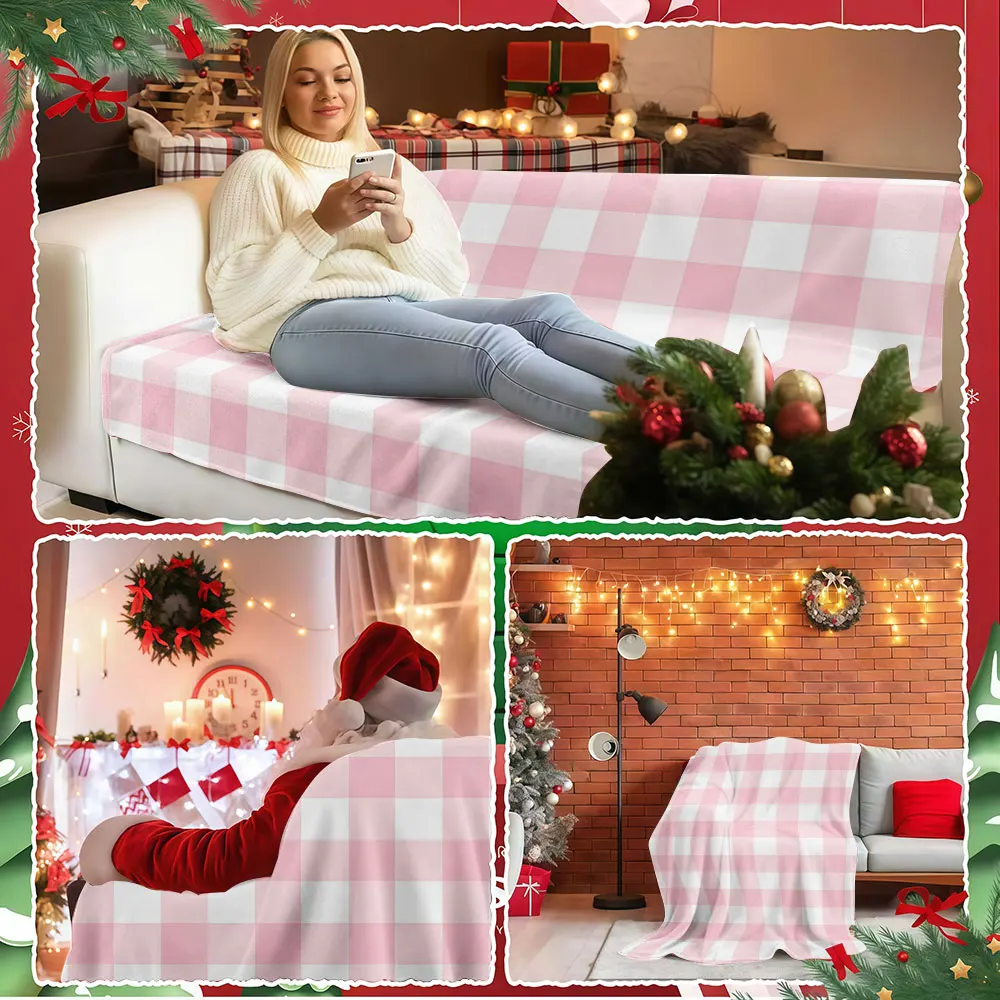 Pink White Gingham Winter Summer Flannel Blanket Throw Fleece Soft Fuzzy Plush Cozy Fleece Blankets for Sofa Ideal Gifts