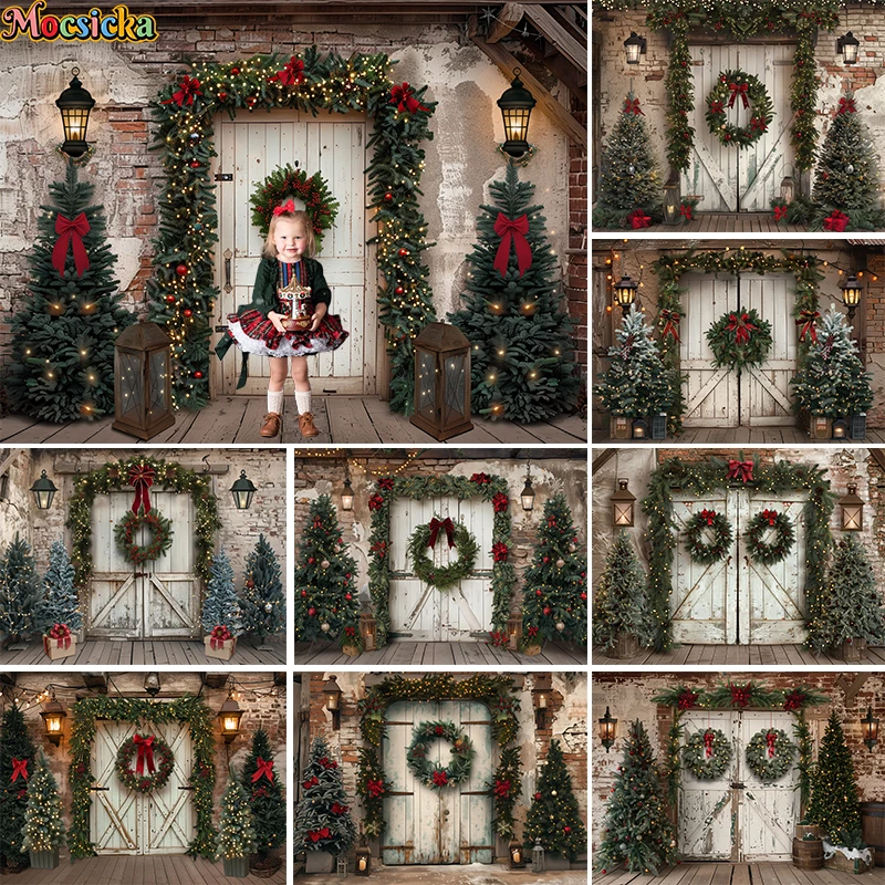 

Mocsicka Rustic Country Tree Farm Backdrops Kids Family Photography Xmas Photo Child Adult Photocall Wooden Door Farm Background