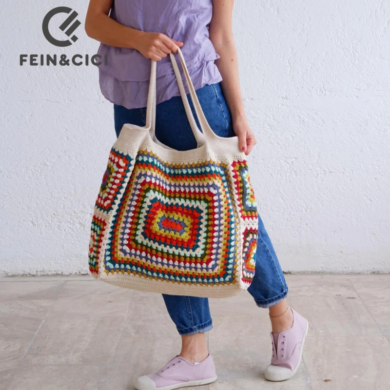 Colorful crochet boho chic granny square Gran Tote handbag Beige blue shoulder market bag Vintage Style Hippie summer beach bag