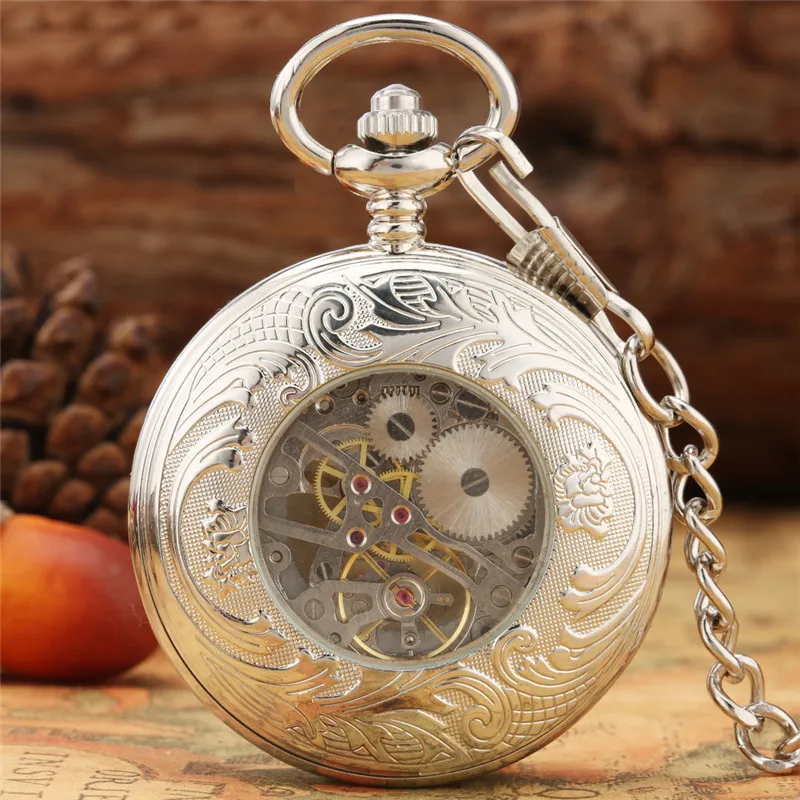 Silver Hand-winding Mechanical Pocket Watch for Men Women Roman Number Half Hunter Skeleton Clock with Pendant Chain Gift