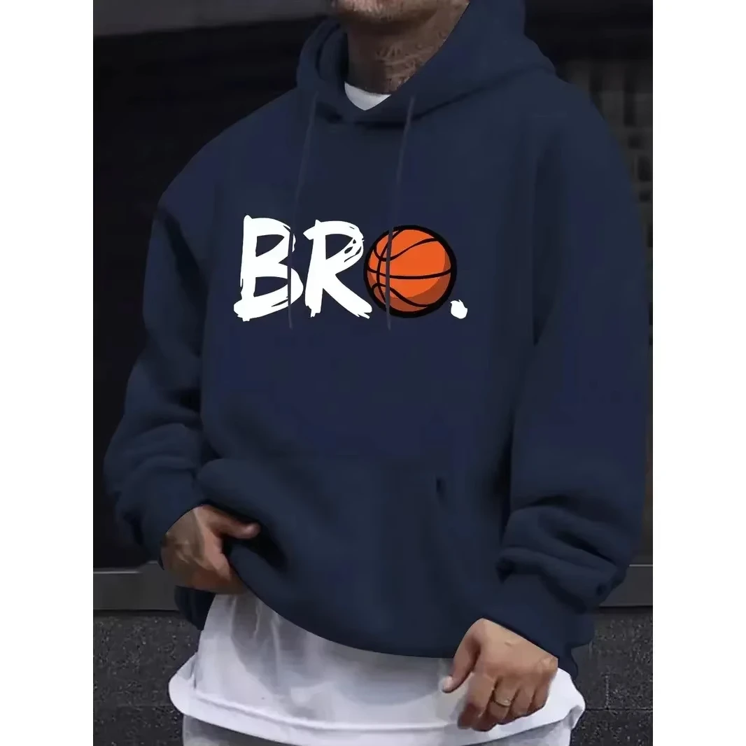 Men’s Casual Hooded Pullover, Bright Red Basketball Graphic Print, Front‑Pocket Long‑Sleeve Machine Washable Autumn‑Winter Top