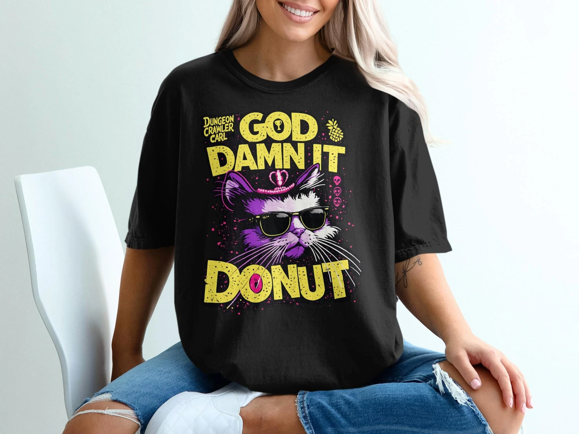 Dungeon Crawler Carl Donut Cat T-Shirt God Damn It Donut Funny Gamer Tee Sarcastic Fantasy Podcast Fan Gift Grunge Shirt
