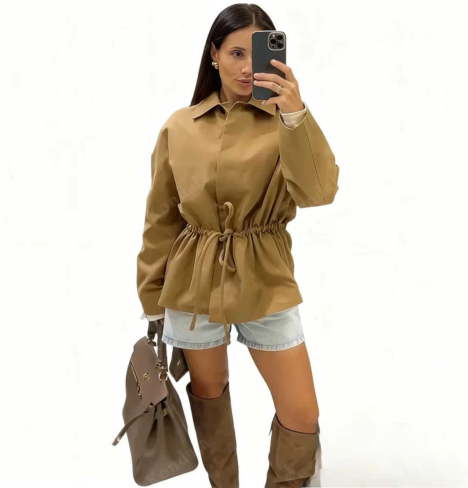 

KONDALA осенняя женская повседневная куртка с лацканами на талии и завязками, весна-осень 2021, модная уличная винтажная женская куртка