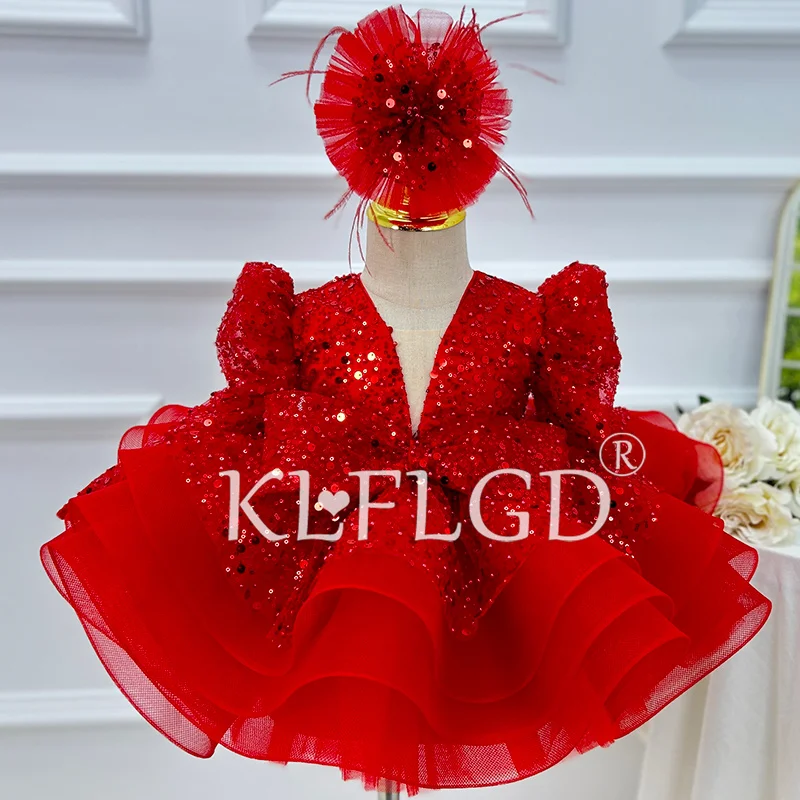 KLFLGD Red Sequin Dress Flower Girl V-Neck Long Sleeved Gorgeous Wedding Dress Formal First Time Girl Christmas Costume