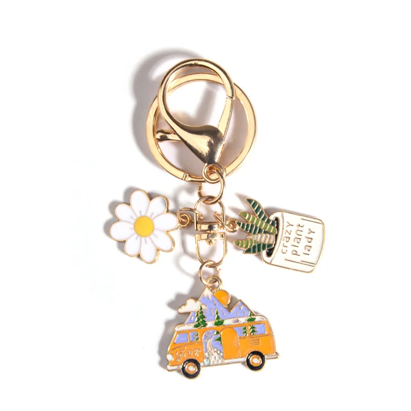 Cute Enamel Keychains Cartoon Bus Flower Potted  Key Rings Friendship Gifts For Men Women Girl Handbag Accessorie