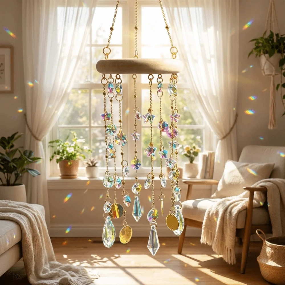 Gift Idea Hanging Crystal Sun Catcher Light Refraction Exquisite Window Hanging Decor Dreamy Retro Wind Chime Outdoor Balcony