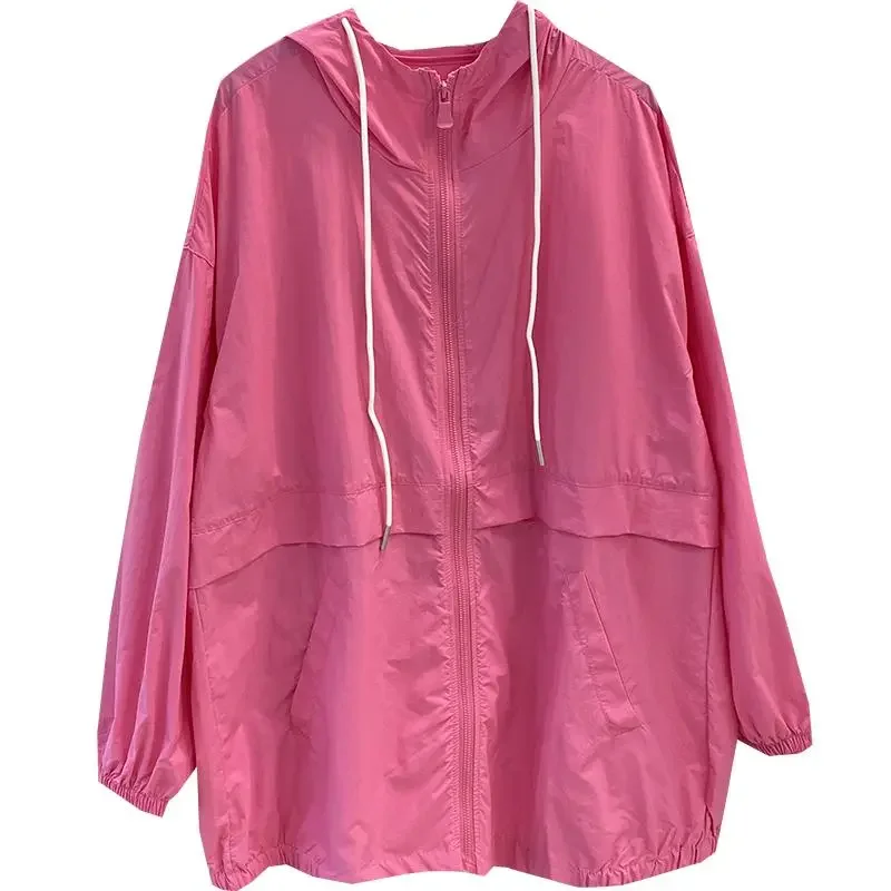 

Women's Hot Pink Oversized Sun Protection Jacket Hooded Zipper Lightweight Casual Outerwear