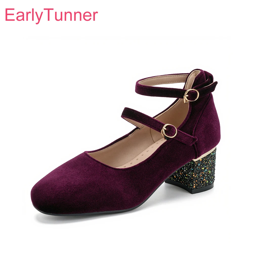 

Весенние женские туфли-лодочки из бархата с ремешком на щиколотке, большие размеры 12, 46, 48, каблук 7.5 см, блестящие, на толстом каблуке, для офиса, нарядные