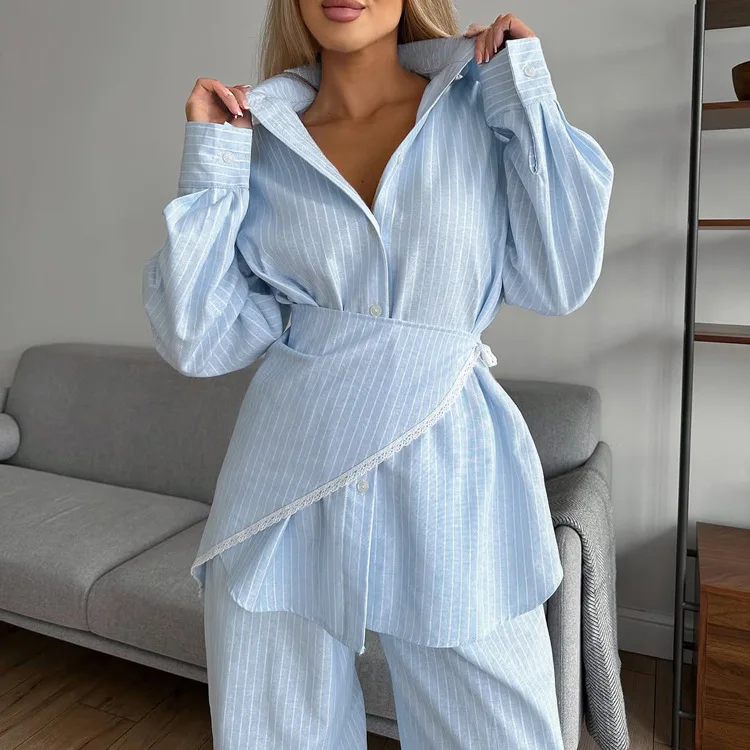 Conjunto informal de piezas de camiseta con estampado de rayas para mujer, cuello largo con ribete de encaje, pantalones de pierna ancha, conjunto Faionable