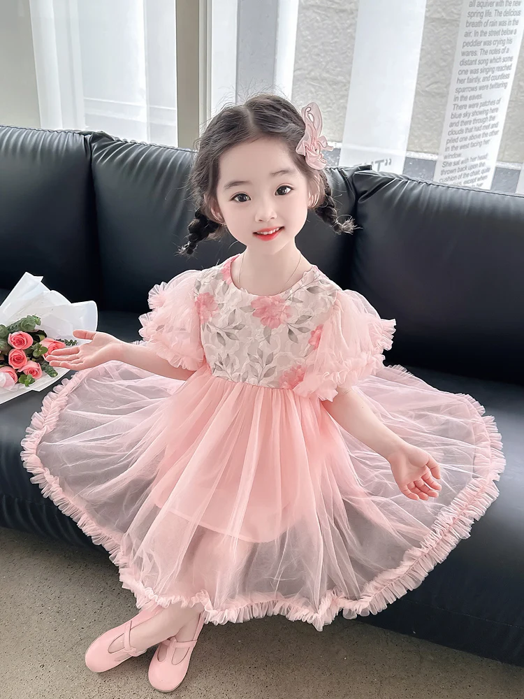 Princ Sle Floral Print Qipao Dr Net Skirt Children's Day Birthday Performance Clothes ort Sve Midi Skirt for Girls