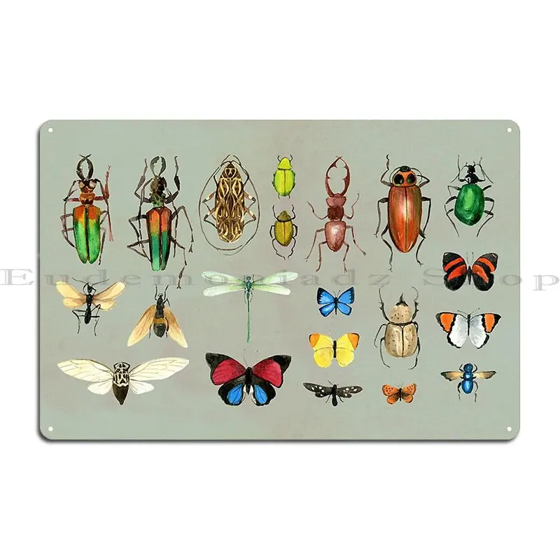 The Usual Suspects Insects On Grey Watercolour Bugs Pattern Metal Plaque Garage Pub Club Cinema Custom Tin Sign Poster