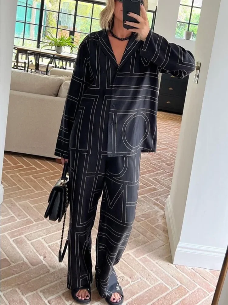 Casual Patchwork Printed 2 Piece-Set For Women Trousers Fashion Lapel Shirts Nightwear Slim High Waist Women's Pants Sets