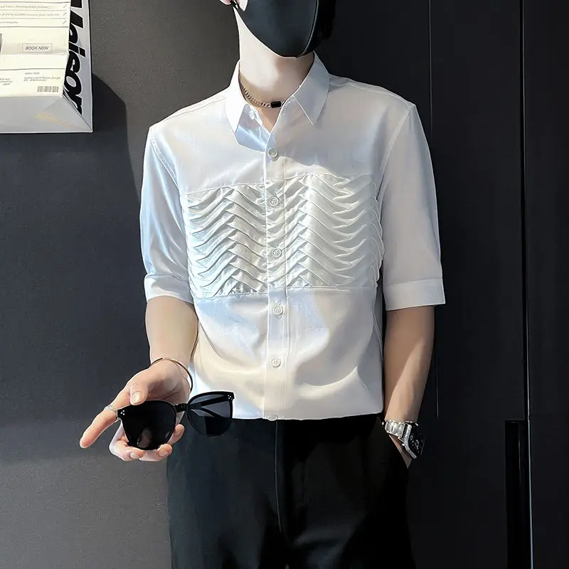 

Half Sleeve Ice Silk Splicing Plain Shirts for Men Aesthetic High Quality With Sleeves Man Shirt Summer Elegant Luxury Tops Sale