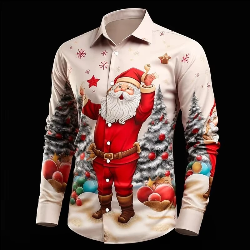 

Рождественская рубашка в стиле ретро с 3D рисунком Санта-Клауса, топ с длинными рукавами в винтажном стиле для мужских праздничных вечеринок