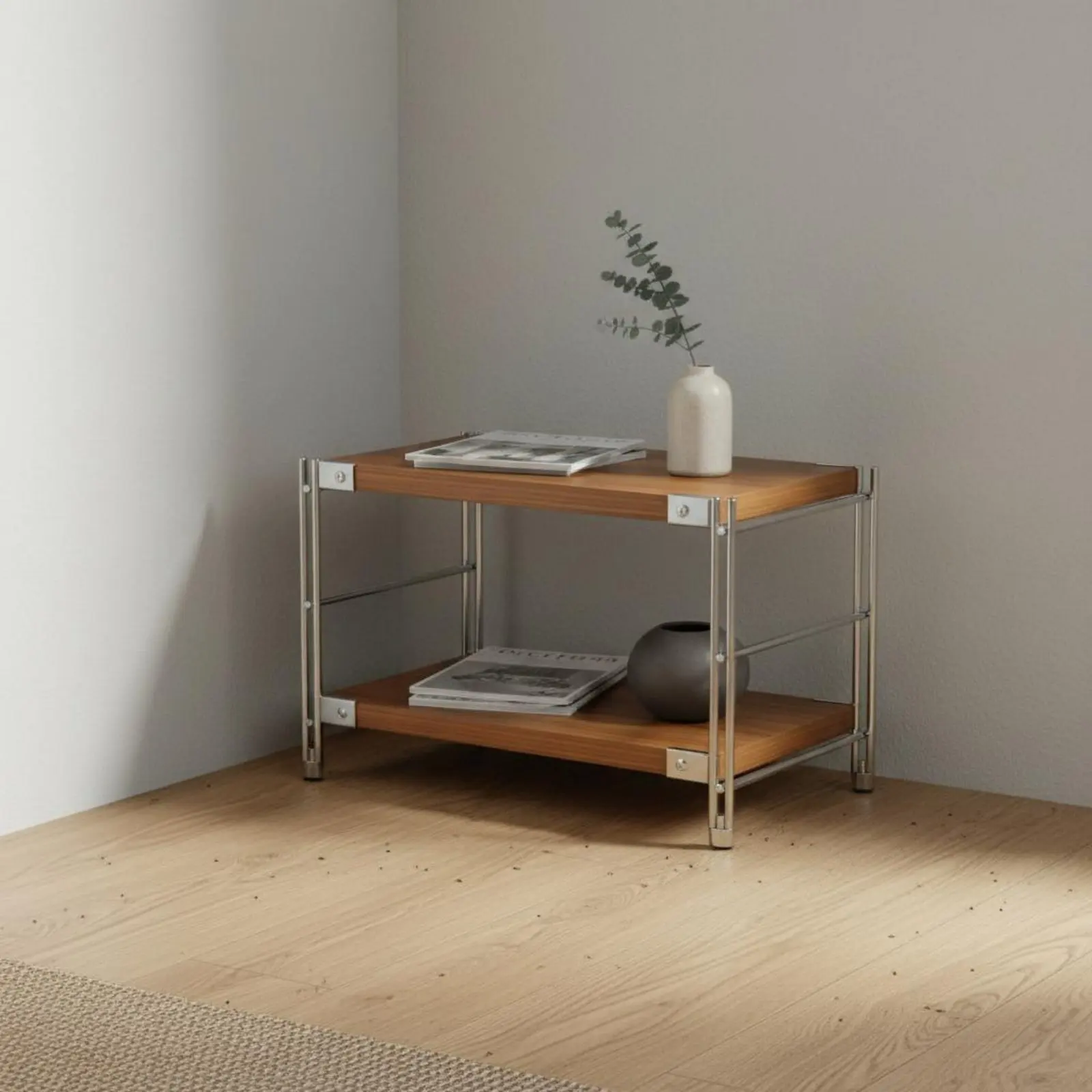 Narrow Floor Standing Shelf X-Shaped Brace Brace Freestanding Metal and Wood Shelf Multi-Tier Accessible Shelving Single-Tier view 5