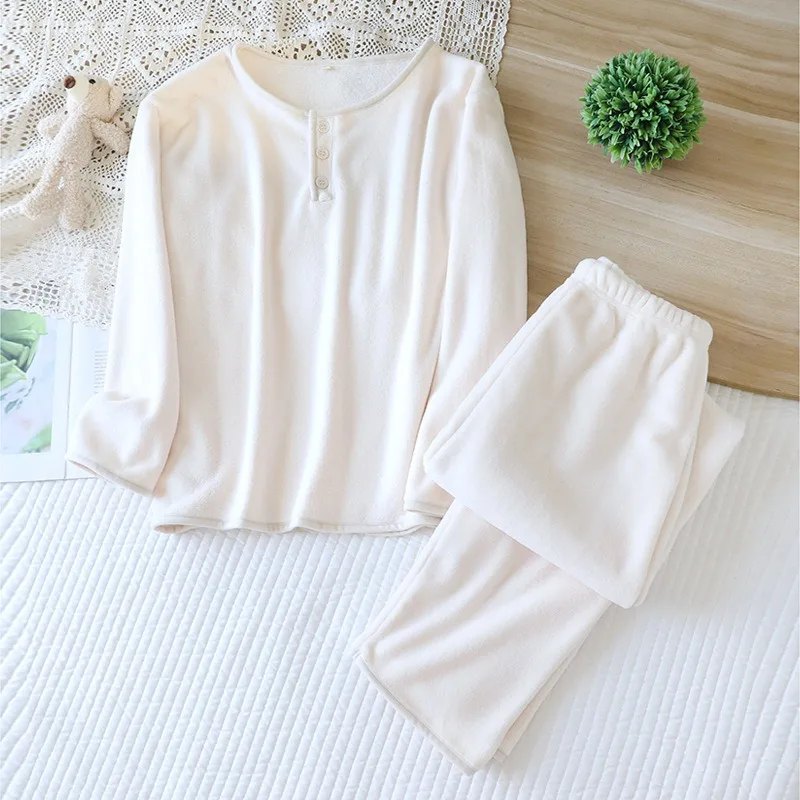 

2025 New Autumn/Winter Women's Pajama Set 100% Flannel Round Neck Thickened Solid Color Home Clothes Long Sleeve Two Piece Set