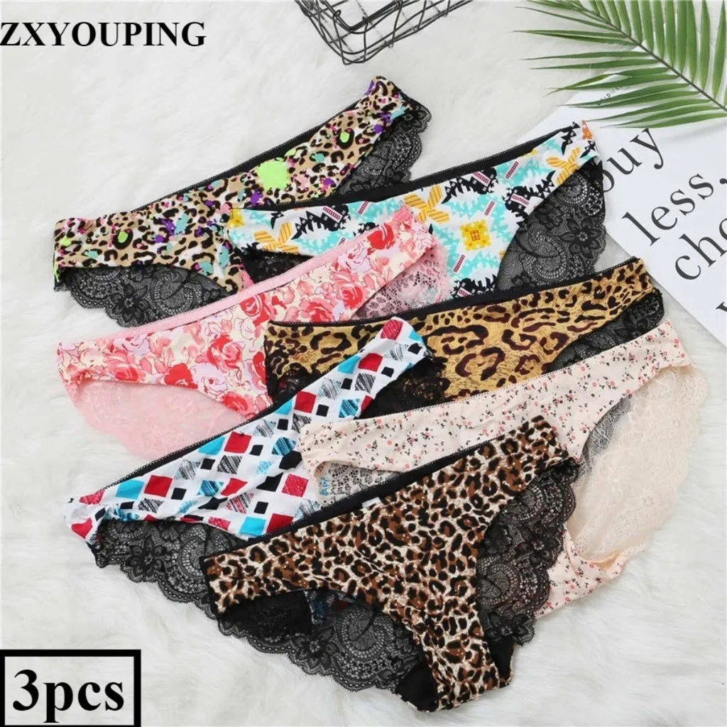 

3PCS/Lot Print Sexy Panties Lace Soft Breath-able Panty low-Rise Seamless Briefs Panties Women Plus Size Underwear Female Hot