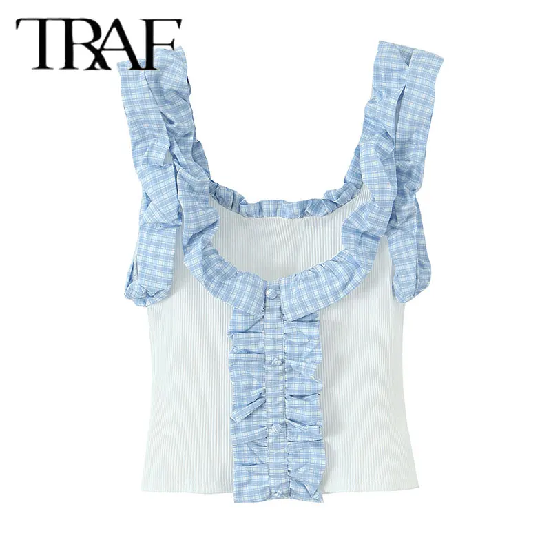 

TRAF European and American style women's clothing 2025 summer new versatile sleeveless camisole small plaid ribbed top