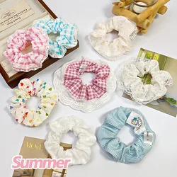 New Elegant Print Plaid Lace Edge Wide Scrunchie For Women Girls Hair Tie Cute Headband Hair Band Fashion Hair Accessories