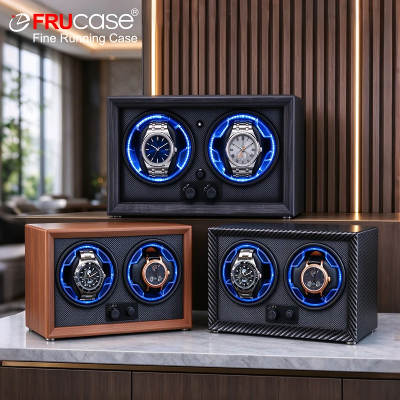 FRUCASE Wooden Watch Winder for Automatic Watches 2 Rolex Box Jewelry Display Collector Storage  with Light