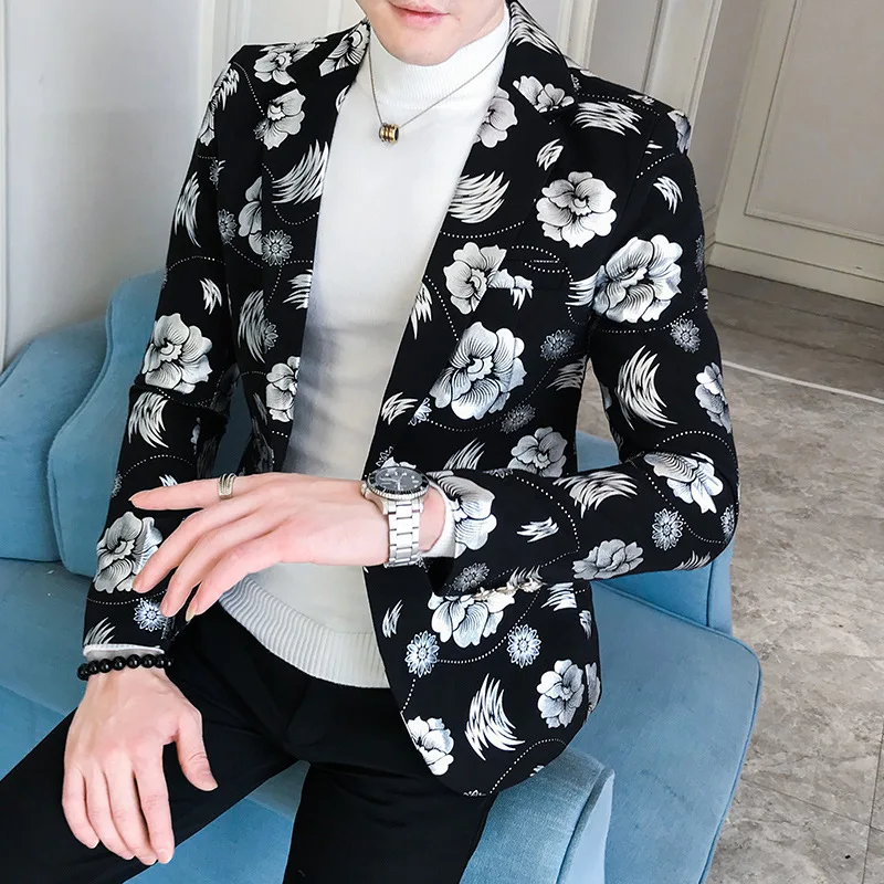 Men Golden Flower Print Blazers 2023 Autumn Formal Dress Tuxedo Casual Slim Fit Suit Jacket / High Quality Fashion Men Clothing