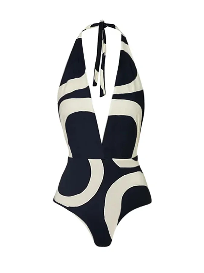 Black And White Printed Swimsuit With Deep V Halter Strap Design Sexy One-piece Women\'s Summer Swimsuit And Long Cover  Up 2023