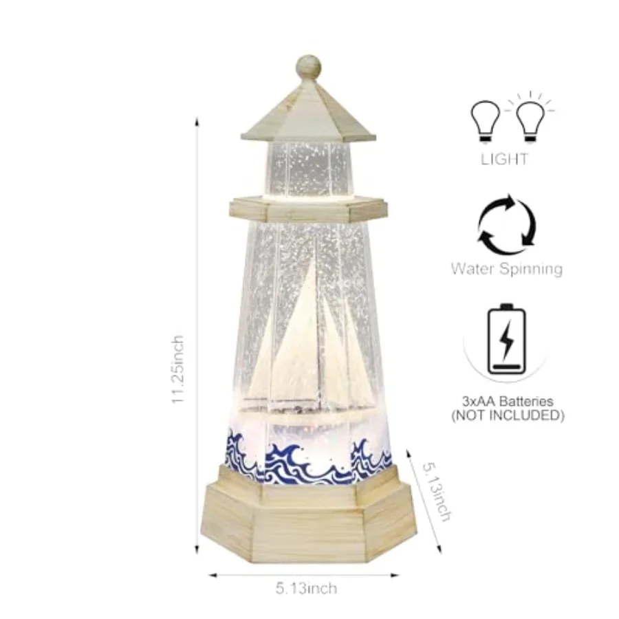 Lámpara de Mesa Náutica Decorativa con Luz LED Acrílica, Diseño de Faro Giratorio con Destellos en Movimiento, Funciona con Pilas, 3 Unidades