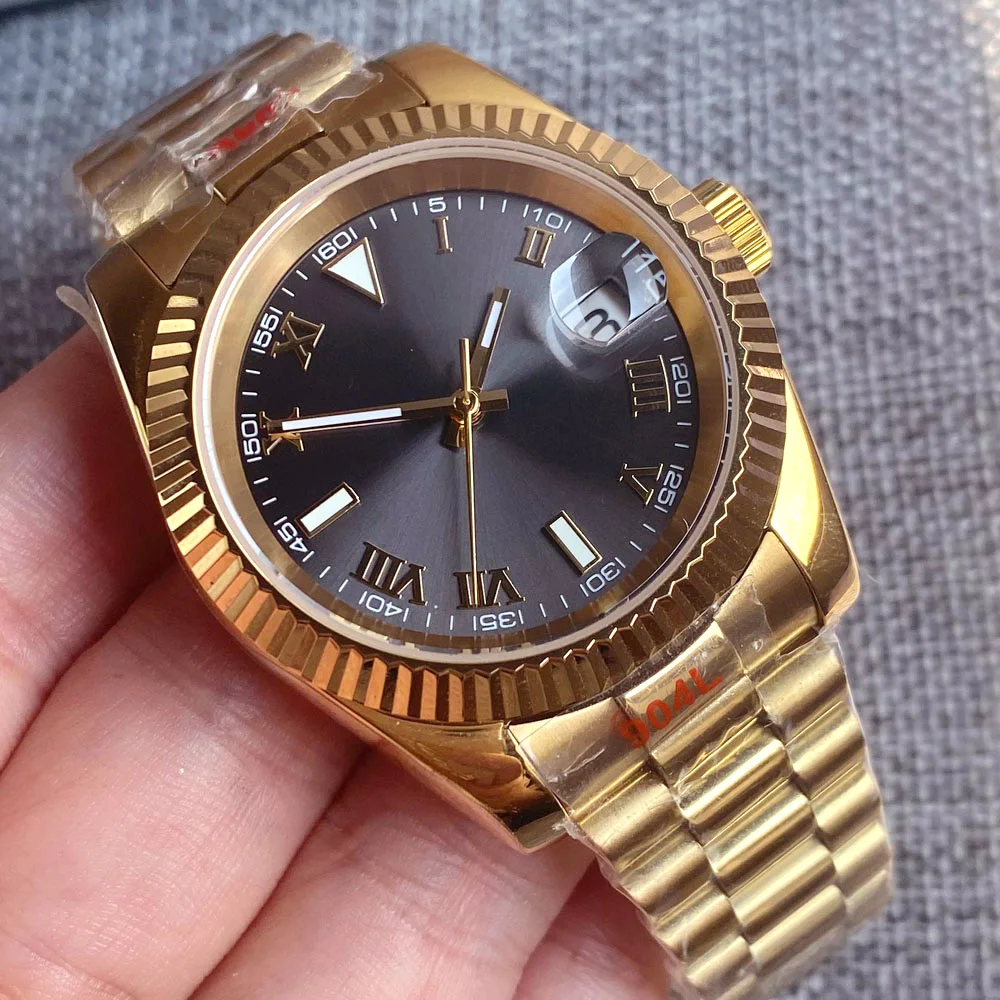 36mm 39mm Day Date Yellow Gold Curved Fluted Automatic Watch Men Japan NH35 Roman Number Sunburst Grey Dial Flat Sapphire Glass