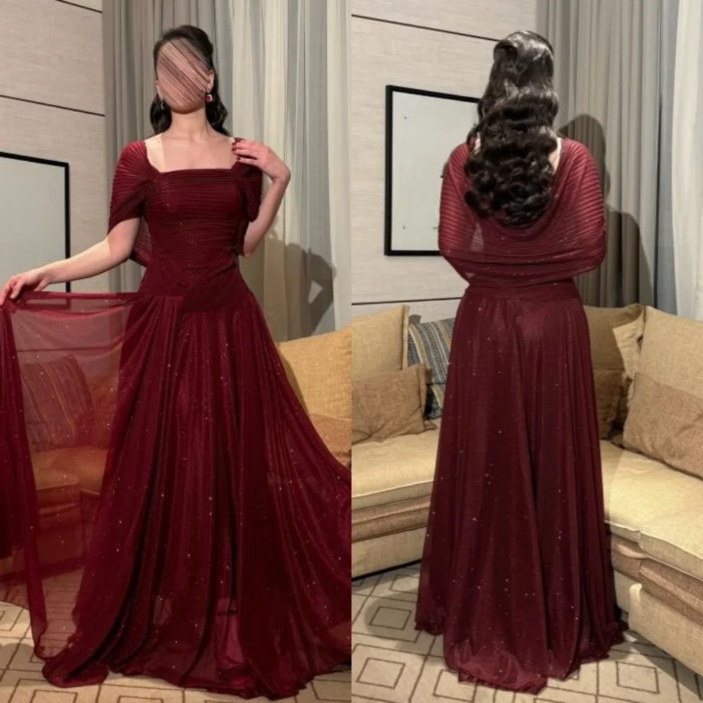 

Customized Matching Classic Chiffon Pleat Ruched Draped Sequined A-line Square Neck Long Dresses Evening Dresses Formal