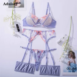 Aduloty New Women's Sexy Lingerie Lavender Flower Lace Embroidered Bra Summer Thin Section Perspective Erotic Underwear  Set