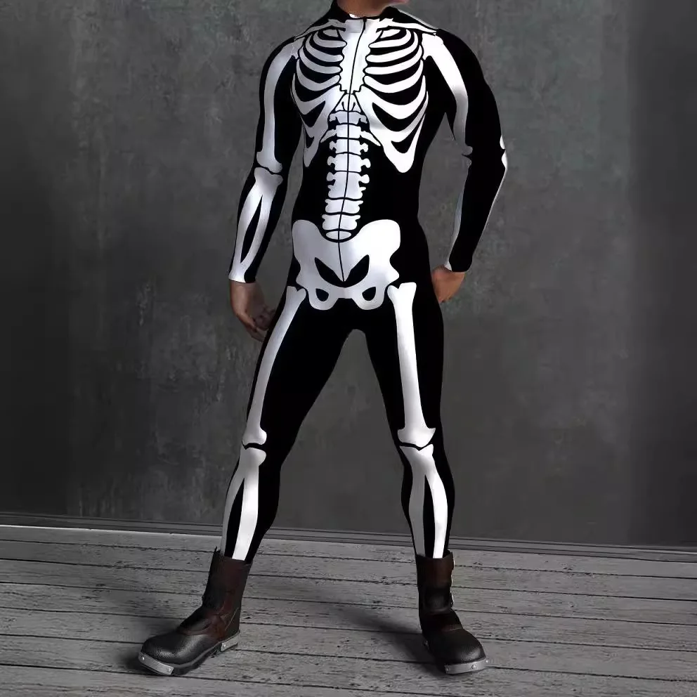 Men Women Cosplay Skull Steampunk Costume Elastic Bodysuits Cyberpunk Mechanical Armor Jumpsuit Halloween Party Rompers