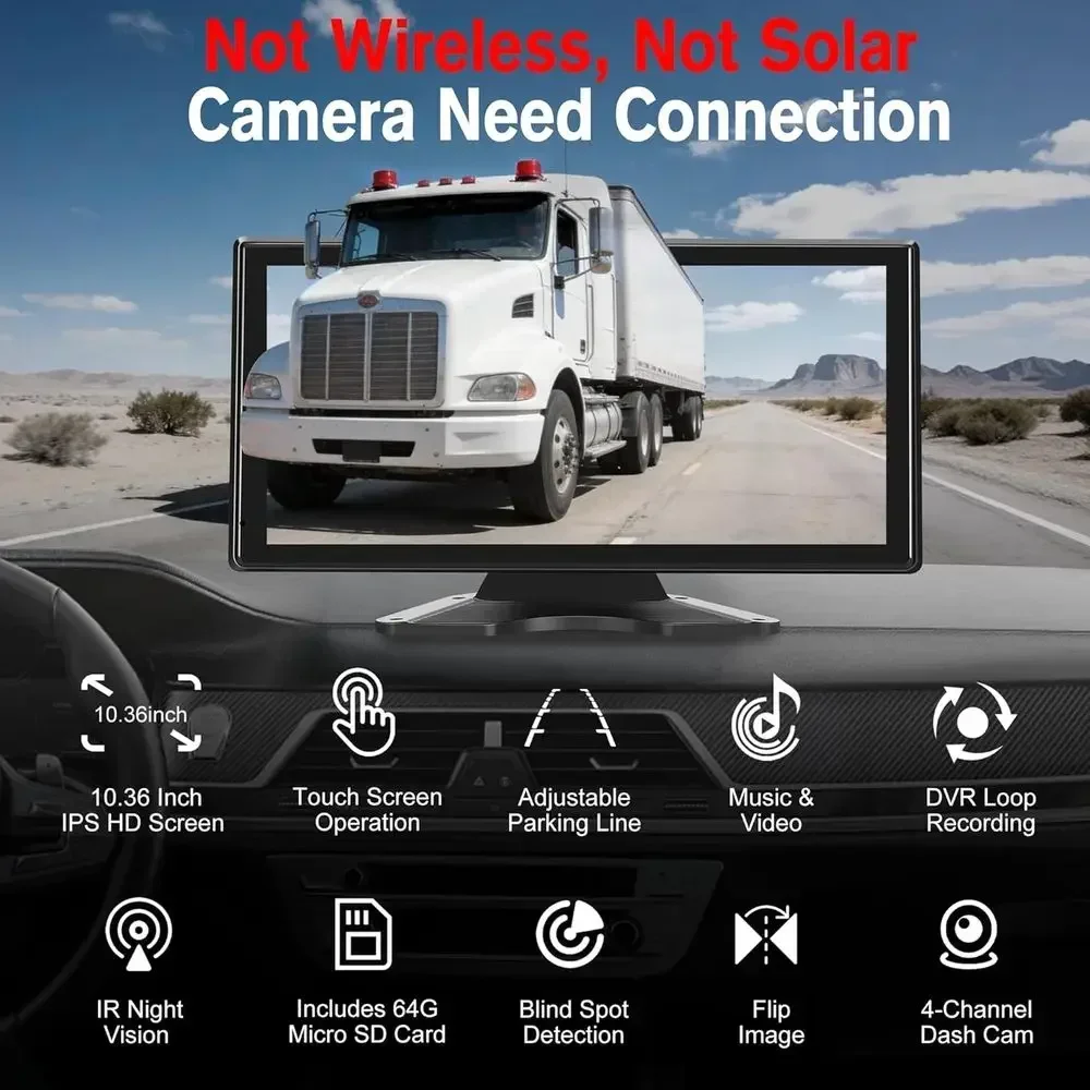 Truck RV Backup Camera System, 10.36'' Touch Screen Monitor with DVR Loop Recording, Smart BSD Alert, 4 HD 1080P IP69 Waterproof view 2