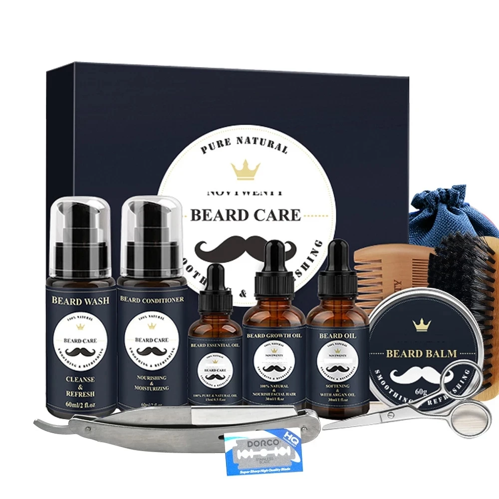 12pcs Beard Care Set Beard Serum Oil Balm Beard Comb Bristle Brush Scissors Beard Oil Beard Growth Set Men Beard Care Kit