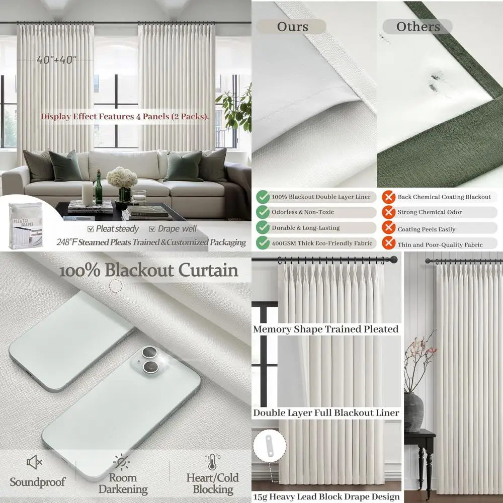 

Cream Linen 92 2-Panel Curtain Set with Pinch Pleat, Blackout & Noise Reduction for Kids' Room, 90-92 Window Length