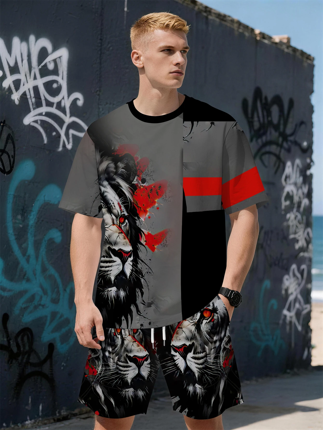 

2026 Summer New Men's Short-Sleeved Set with 3D Trendy Pattern Printing Casual Street Style Fashionable Comfortable and Soft