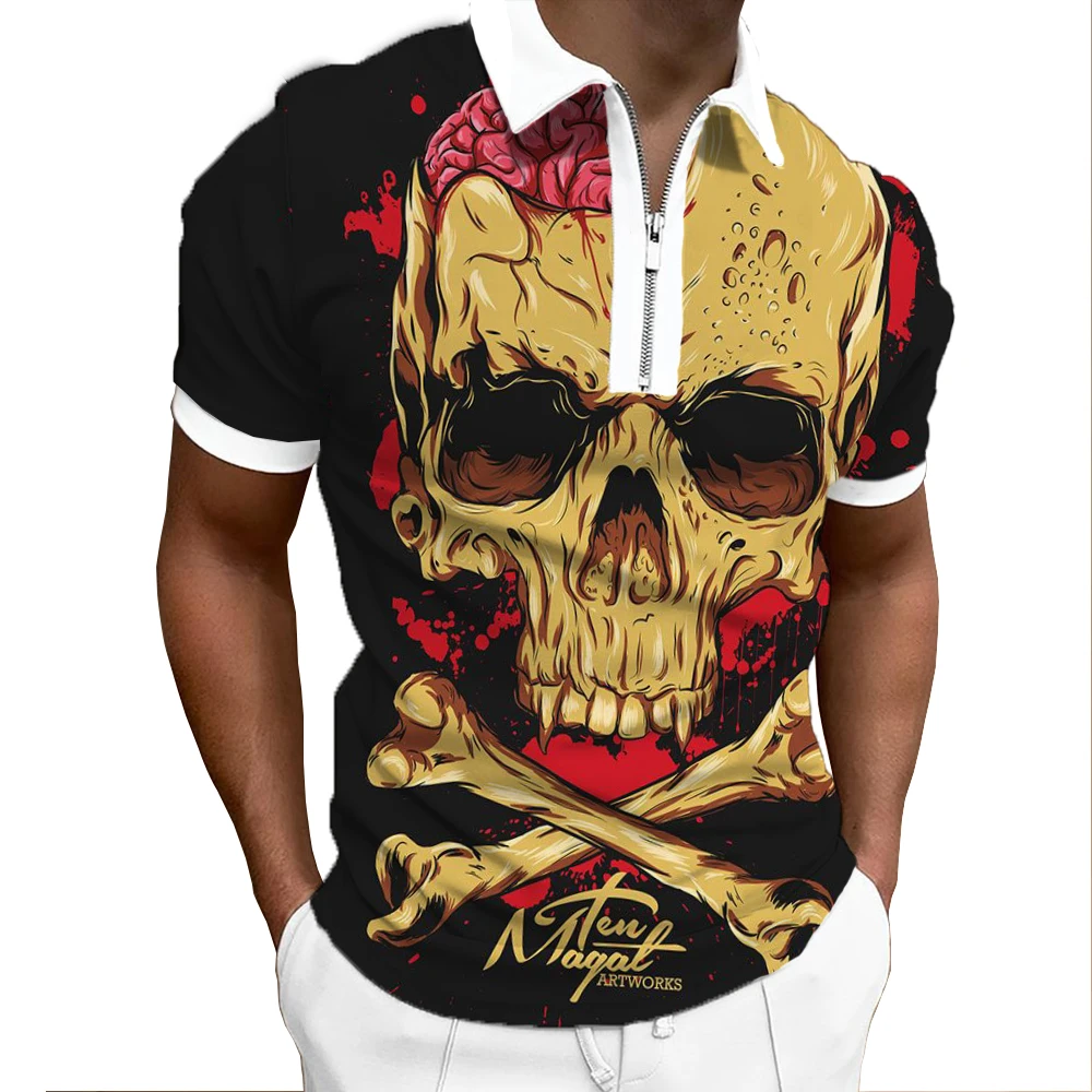 Summer 2022 New Lapel Polo Shirt Fashion Zipper Breathable Short Sleeve Horror Skull Pattern 3D Print Hip Hop Top Streetwear