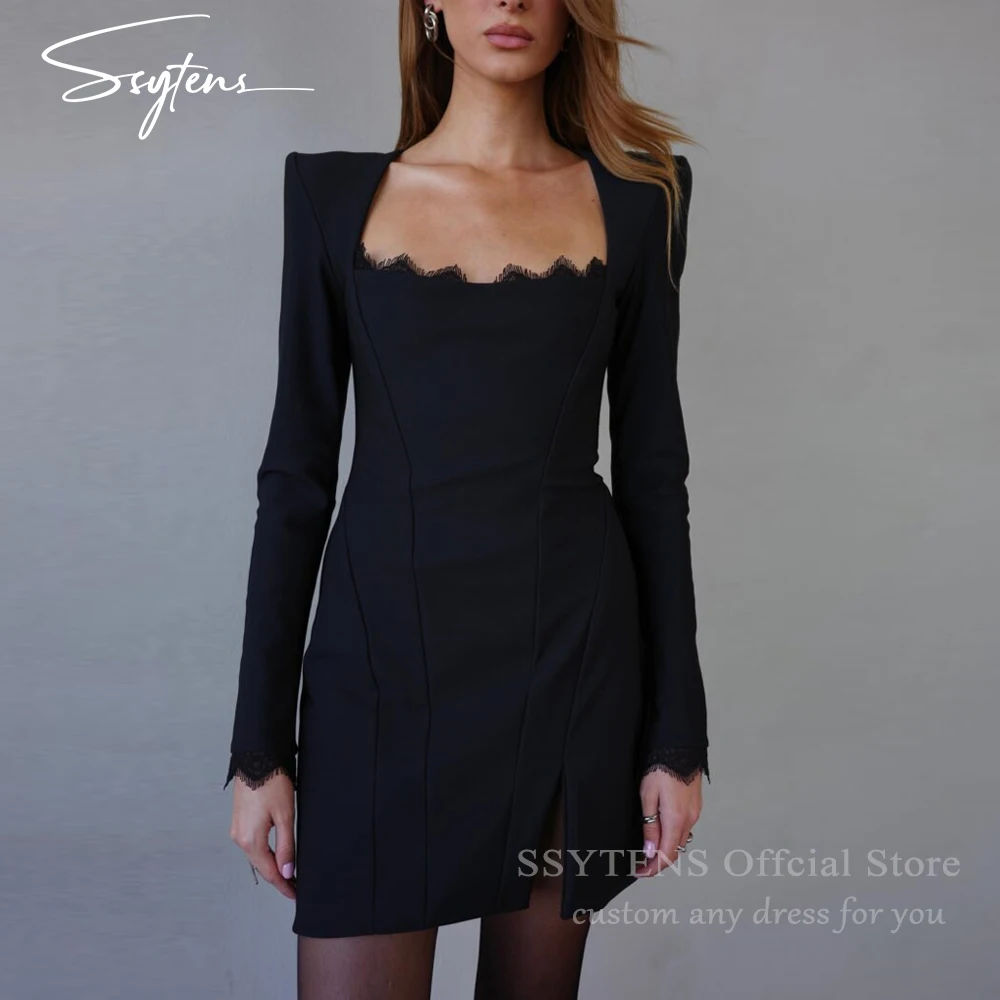 SSYTENS Black Satin Mini Prom Dresses Long Sleeves Lace Cocktail Dresses Sexy Short Square Neck Vestidos Para Mujer Customized