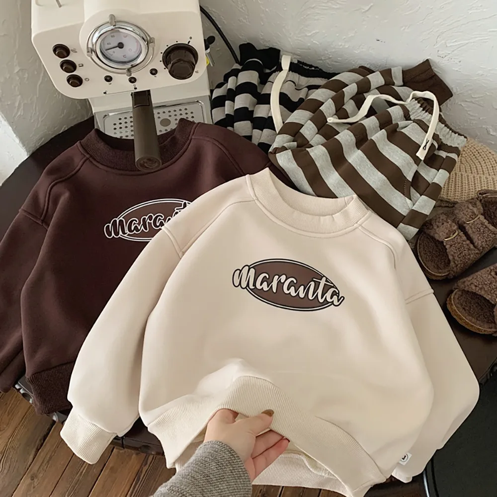 

2025 Winter New Baby Letter Print Fleece Sweatshirt Children Warm Pullover Boys Girls Long Sleeve Casual Tops Cute Baby Clothes