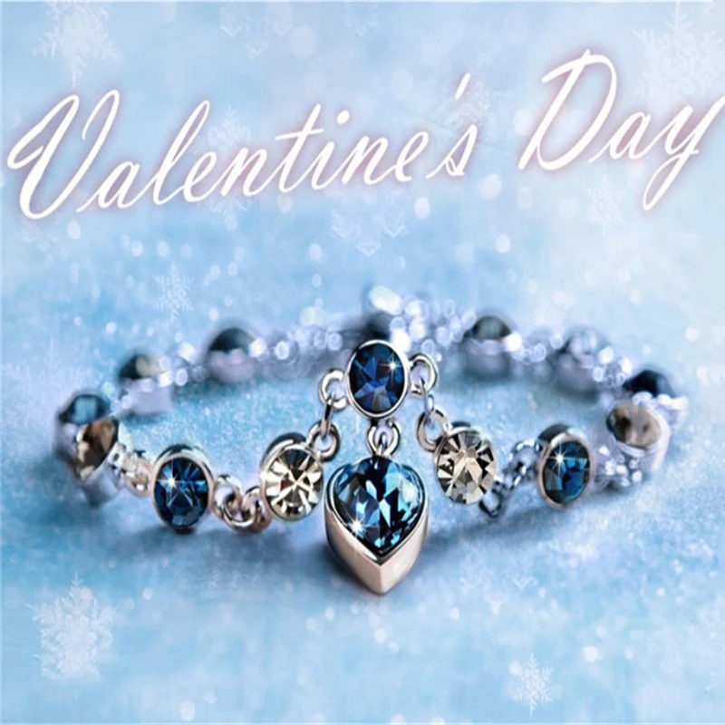 Women Silver Color Lucky Bracelet Female Blue Crystal Heart Charm Pulseras Bracelet Bridal Wedding Engagement Fine Jewelry Gift