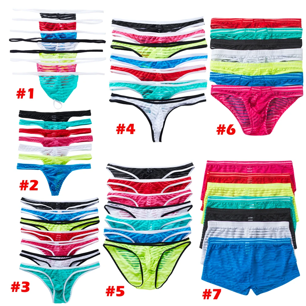 

7PCS/Set Sexy Mens Underwear Briefs G-String Mesh See Through Thongs Low Rise Bikini Erotic Lingerie Underpants Sissy Panties