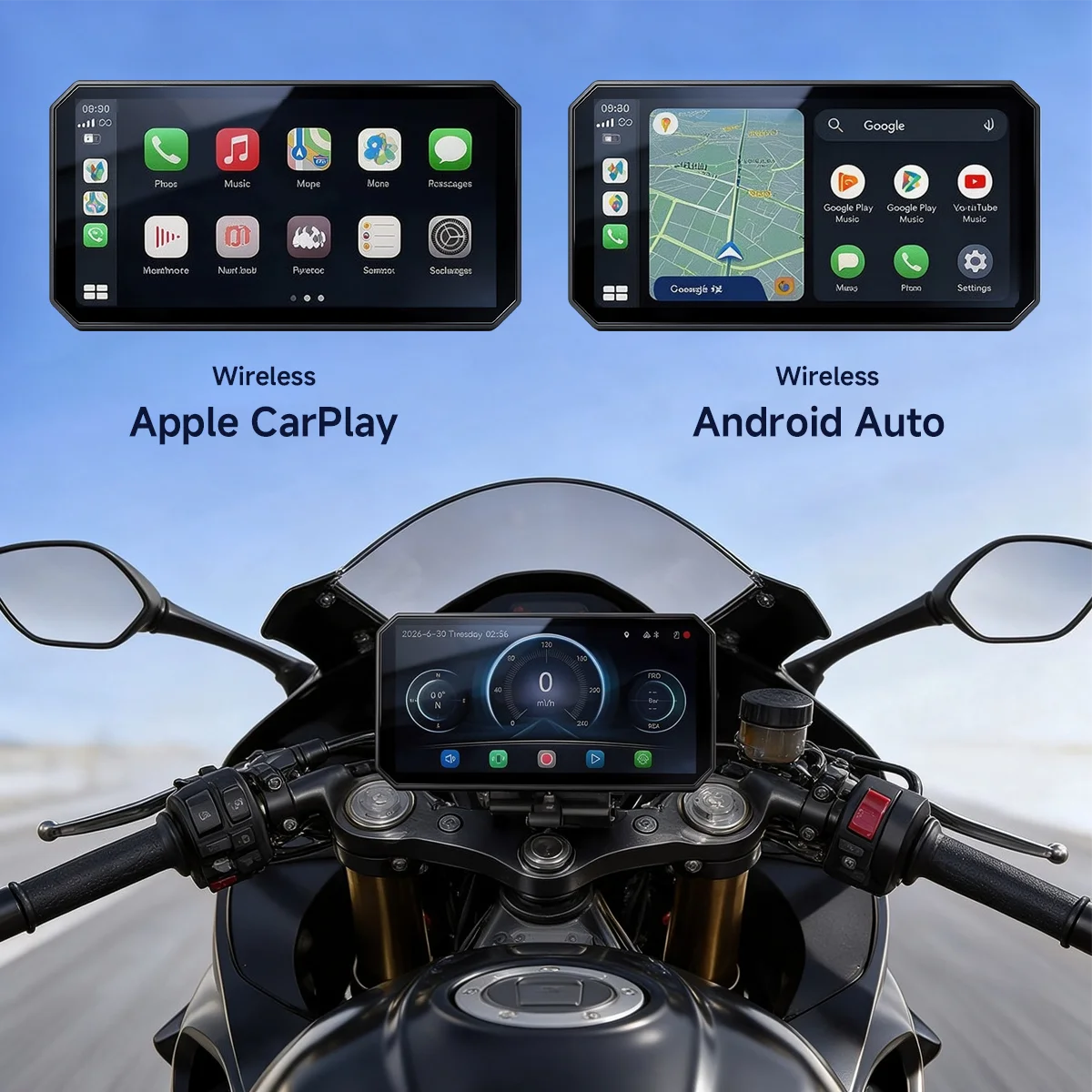 6.25 Inch Motorcycle Carplay & Android Auto, IP67 Waterproof, BSD Function, Dash Cam Front and Rear, TPMS, GPS, Loop Recording