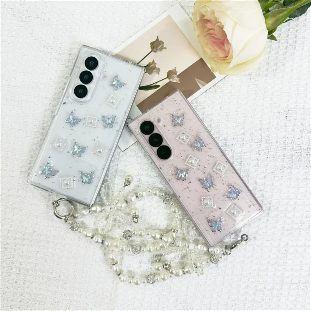 Fresh Elegant Delicate Aurora Butterfly Square Pearl Glitter Phone Case for Samsung Galaxy Z Fold 7-4 Bow Bead Wrist Strap Cover