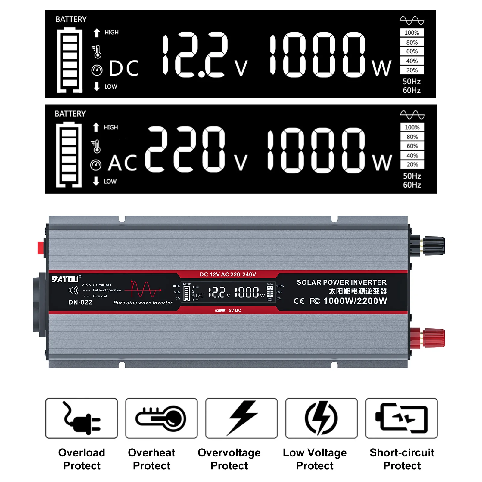 DATOU BOSS Inverter 1000w Pure Sine Wave Use for Cars 12v to 220v Grey Color 50Hz with EU Socket LCD Display USB Interface