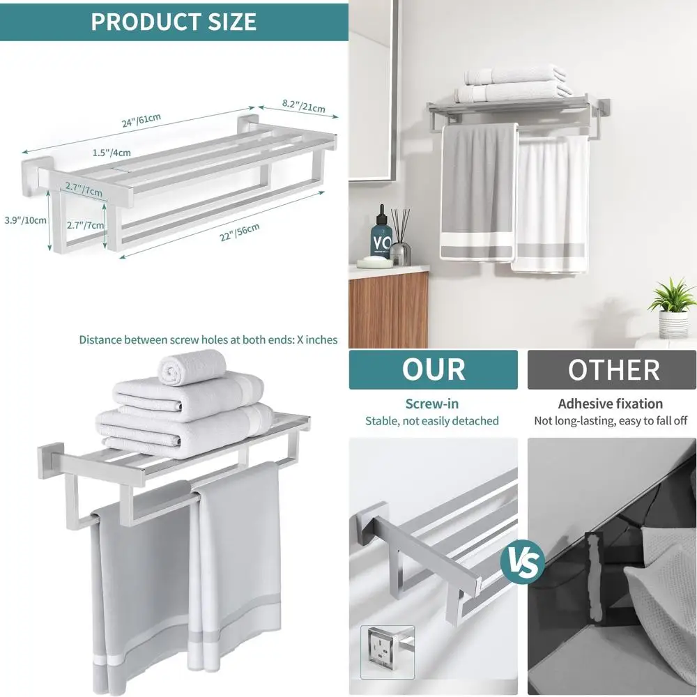 

24 Wall-Mounted Double Bar Towel Rack, Brushed Nickel Stainless Steel, Bathroom Towel Storage Shelf