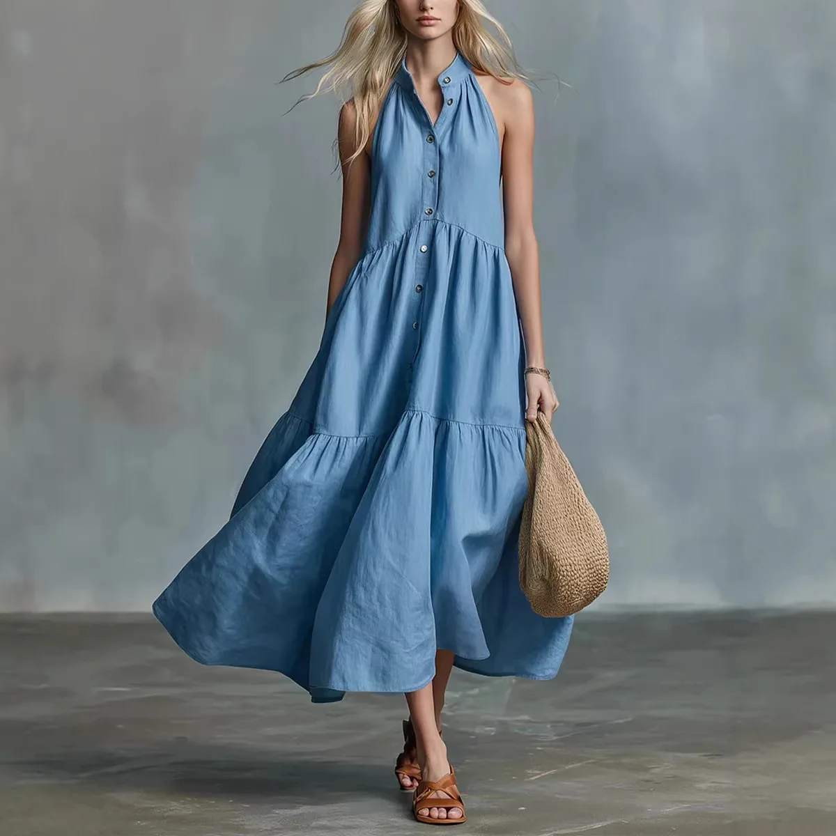 

Women's Summer Midi Long Dress Fashion Halter Neck Sleeveless Casual Loose Button-up Tank Top Dress Street Chic Holiday Dress