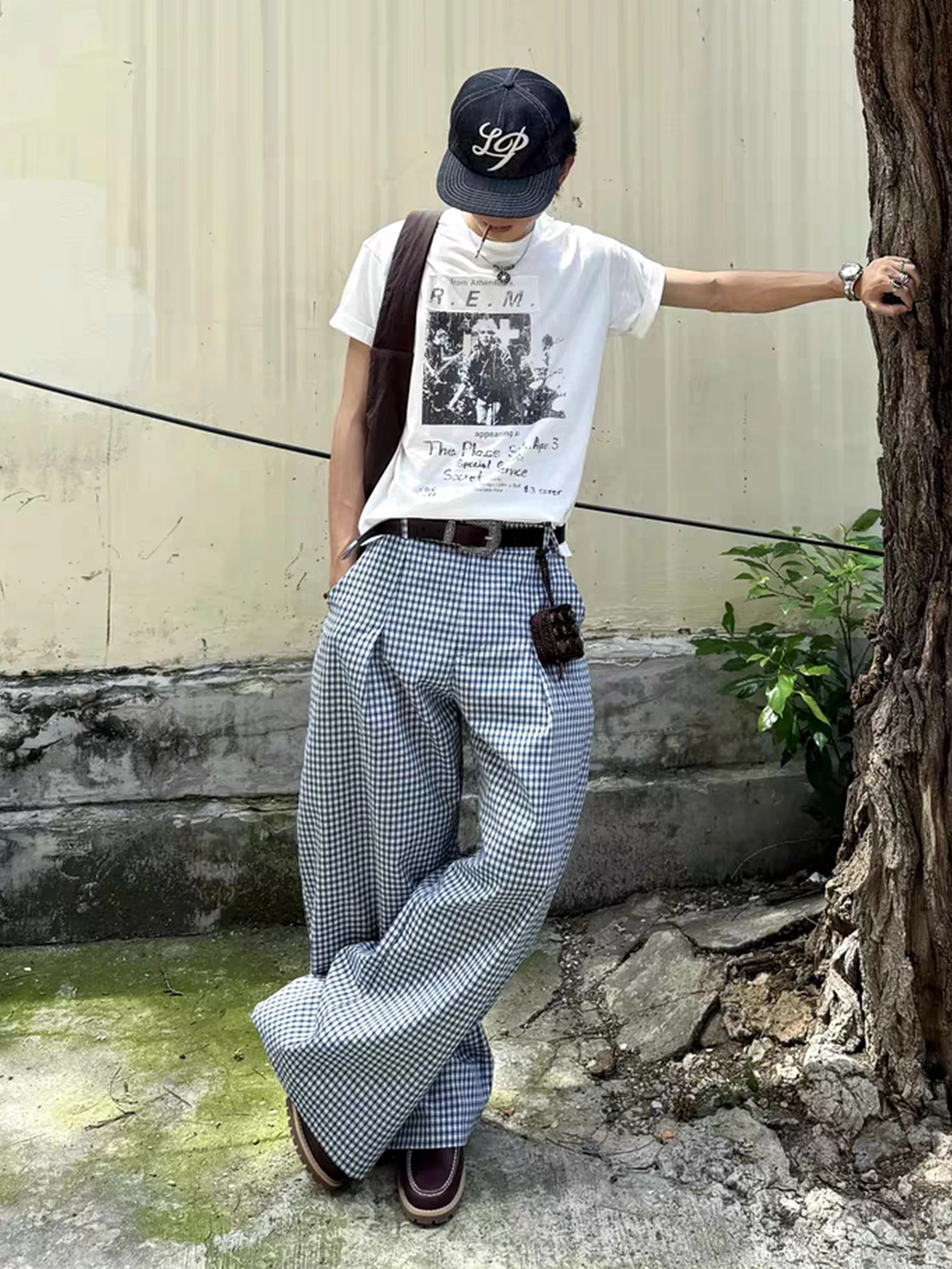 الأزرق منقوشة السراويل الرجال الصيف الأمريكية الرجعية فضفاض الشعور الرياضية ألف خط واسعة الساق Dra السراويل الطويلة #3