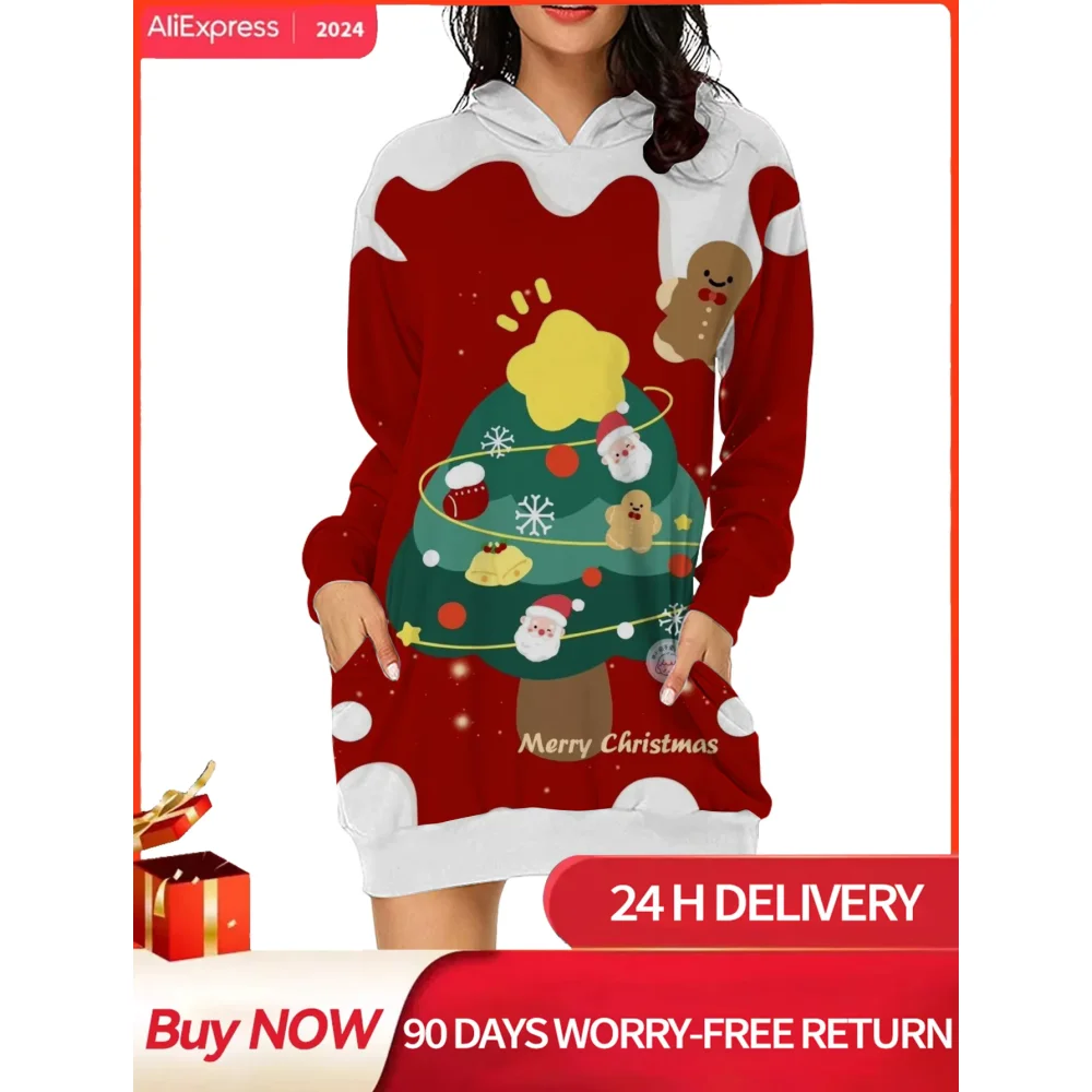 2024 Cartoon Christmas Tree Print Hoodies Fall/Winter Women\'s Long Sleeve Hoodies&Sweatshirts Casual Party Hooded Short Dresses