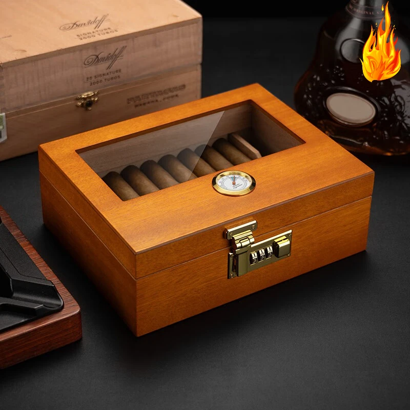 

Хьюмидор для сигар Хьюмидор из кедрового дерева Коробка для сигар Настольный хьюмидор со стеклянной верхней частью и передним гигрометром Увлажнитель-разделитель Аксессуары Ящик